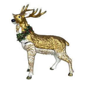 Christmas deer trinket box with golden antlers and festive wreath collectable